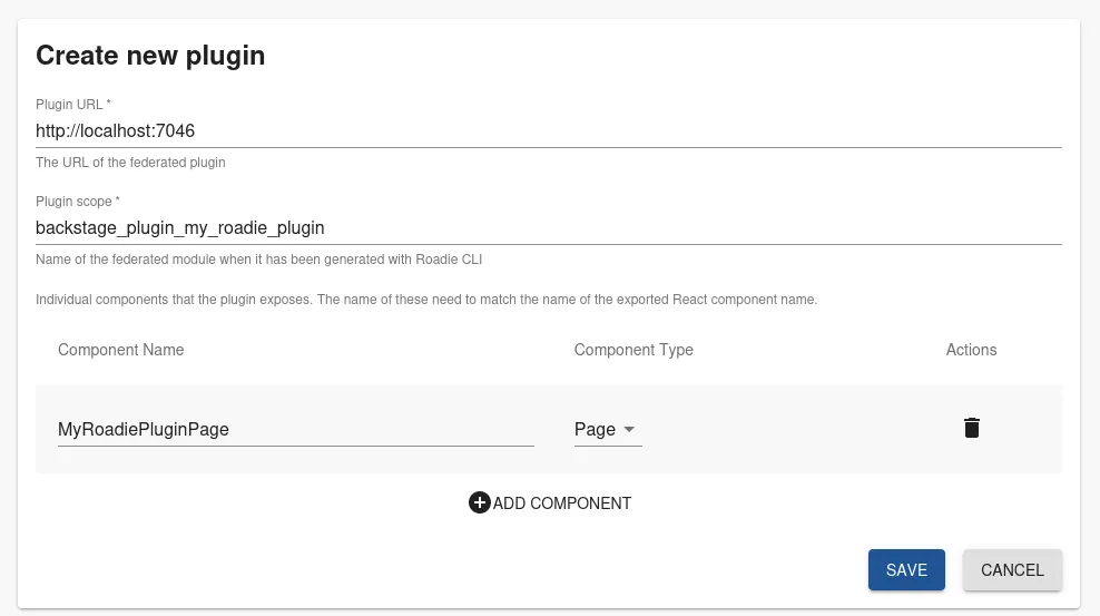 Roadie plugin configuration screen