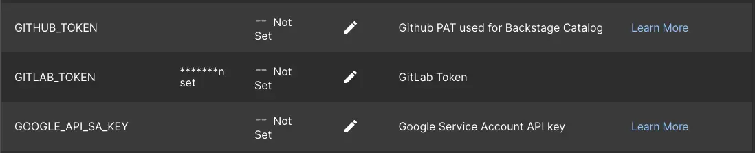 The table row will reflect that a secret has been unset