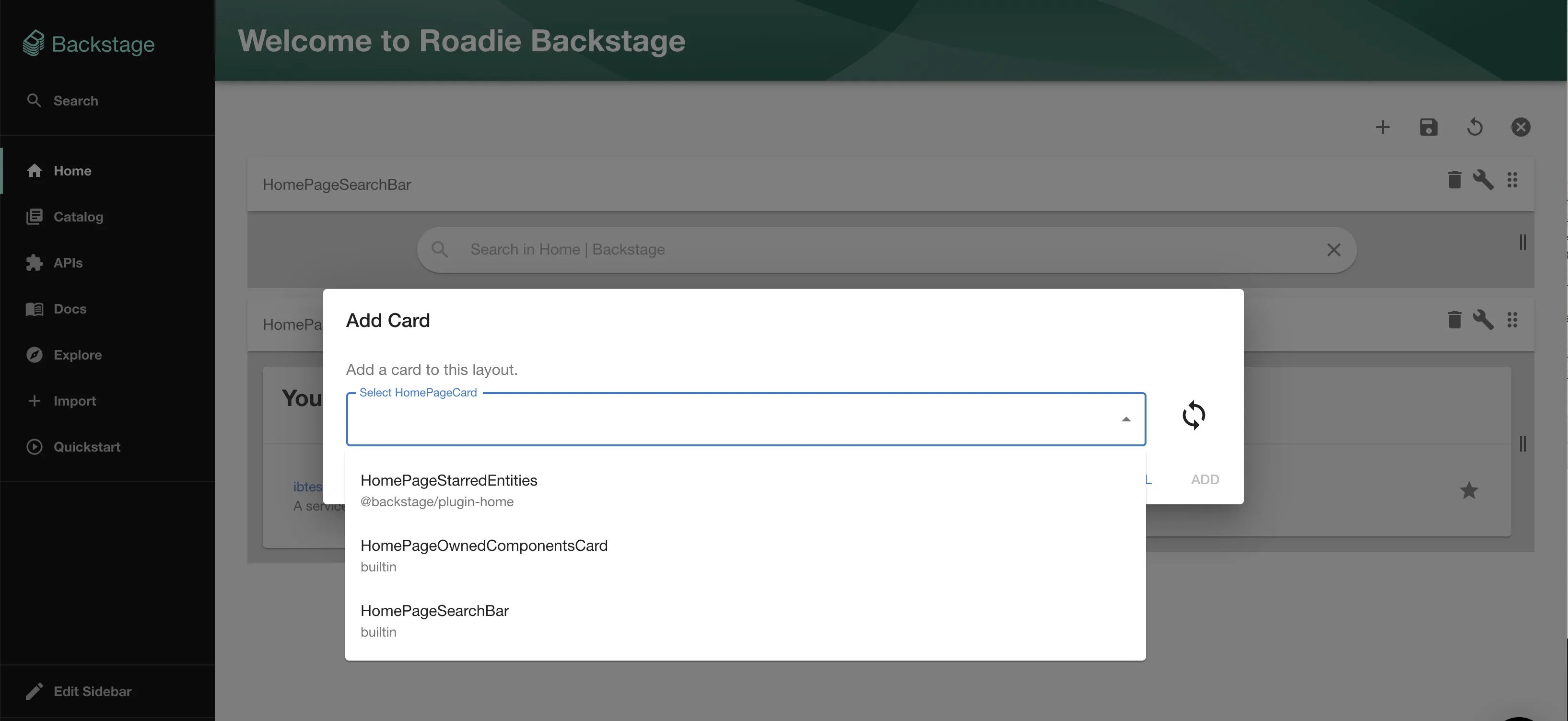 Add home page card dialog