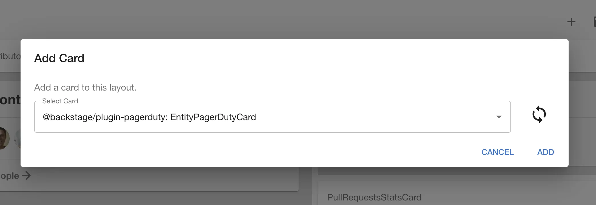 a modal dialog with a search box. Searching selects an option from the list. There is an add button at the bottom of the dialog.