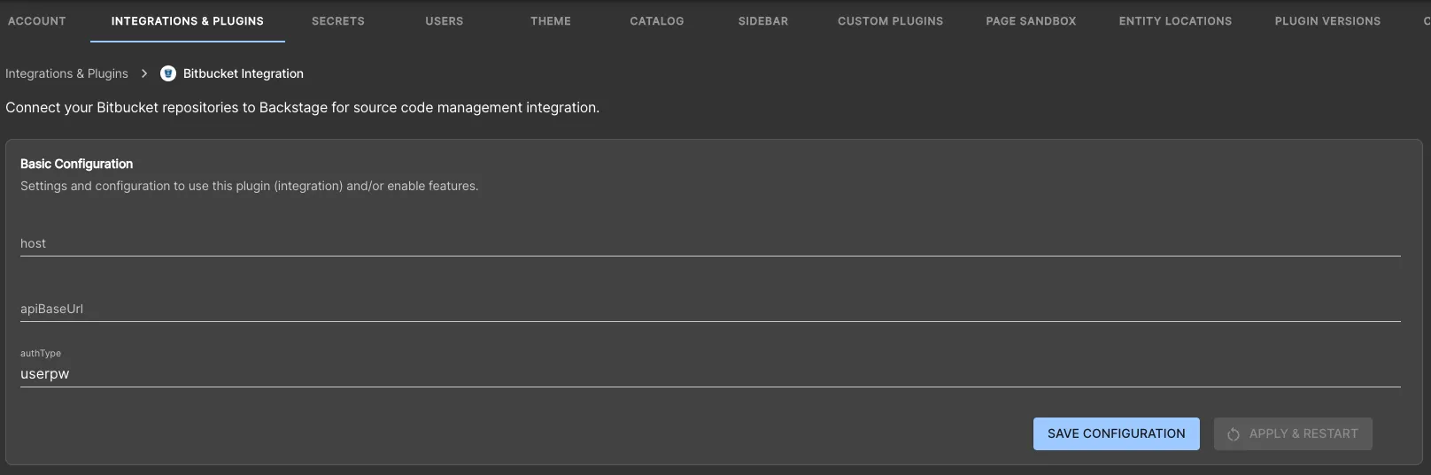 Bitbucket integration settings
