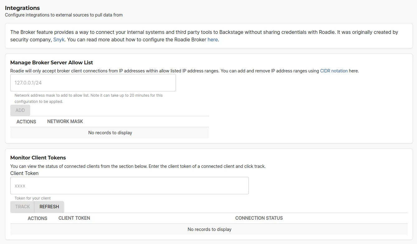 Broker configuration page in Roadie Admin