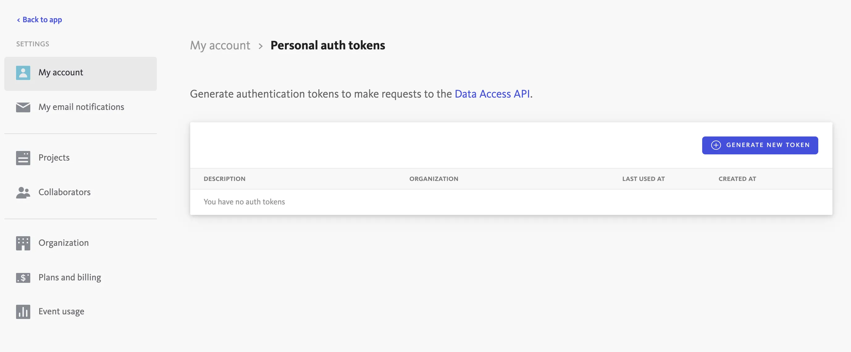 Personal Tokens screen in Bugsnag with no tokens defined