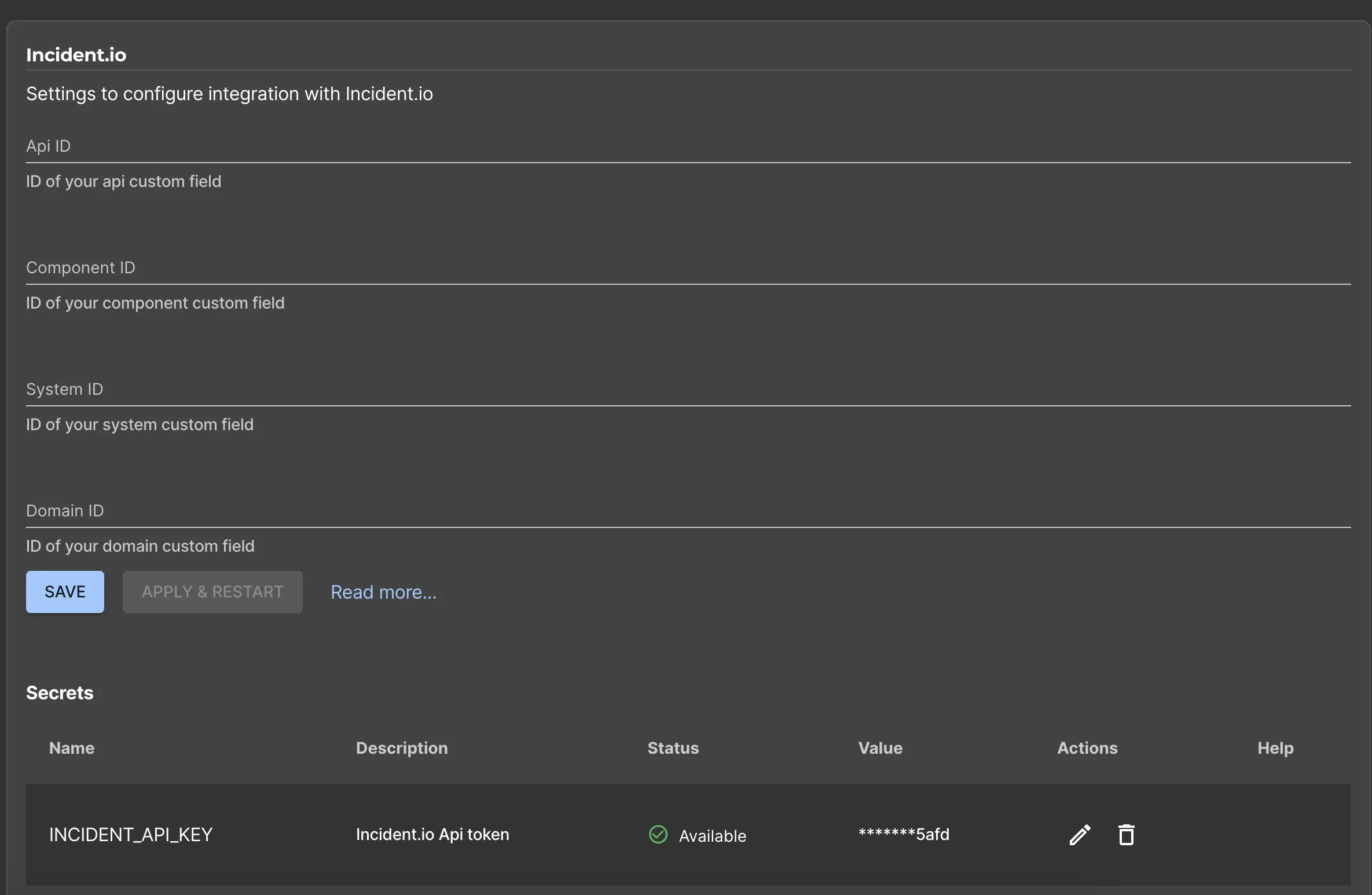 incident.io configuration page