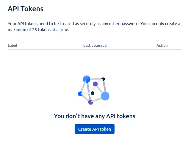 Personal API Tokens screen in Atlassian with no tokens defined