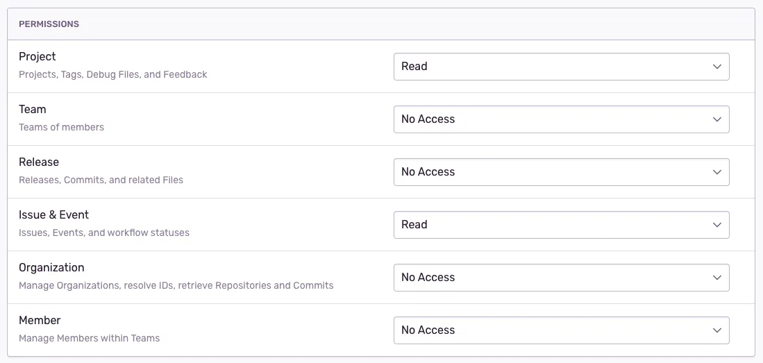 a list of permissions on the Sentry UI with projects and issues set to Read