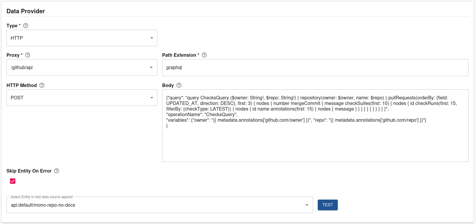 Data Provider section input fields