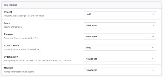 a list of permissions on the Sentry UI with projects and issues set to Read