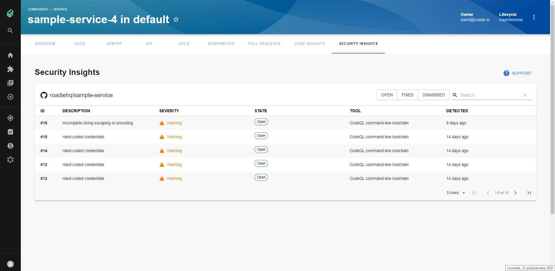 A screenshot of the Security Insights plugin. It is showing a security insights for a sample component.