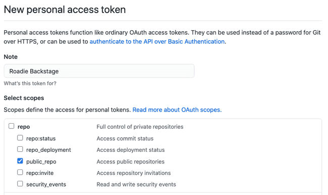 GitHub screen with the public_repo scope checkbox checked and all other checkboxes unchecked