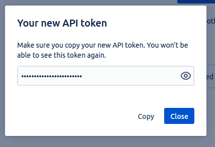 New created token modal window with a possibility to copy the token