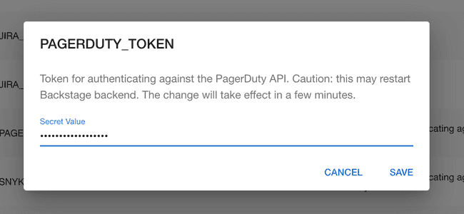 A modal dialog with an input where we can input a secret and a save button