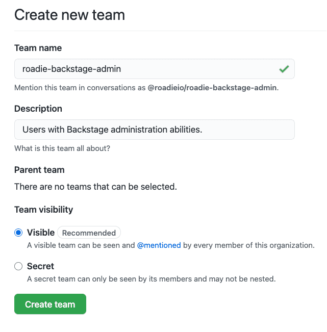 Form for creating a team on GitHub