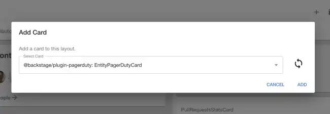 a modal dialog with a search box. Searching selects an option from the list. There is an add button at the bottom of the dialog.