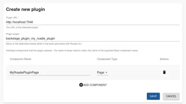 Roadie plugin configuration screen