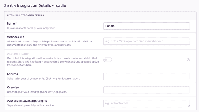 a form on the sentry UI with the name input filled out with the text Roadie