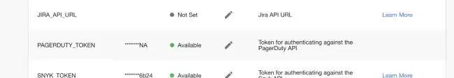 A table row with the name PAGERDUTY_TOKEN, an edit icon as a button and a short description of what the token does