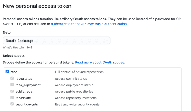 GitHub screen with the repo scope checkbox checked and all other checkboxes unchecked