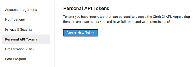 Personal API Tokens screen in CircleCI with no tokens selected