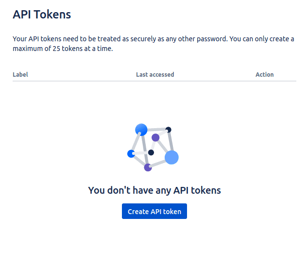 Personal API Tokens screen in Atlassian with no tokens defined