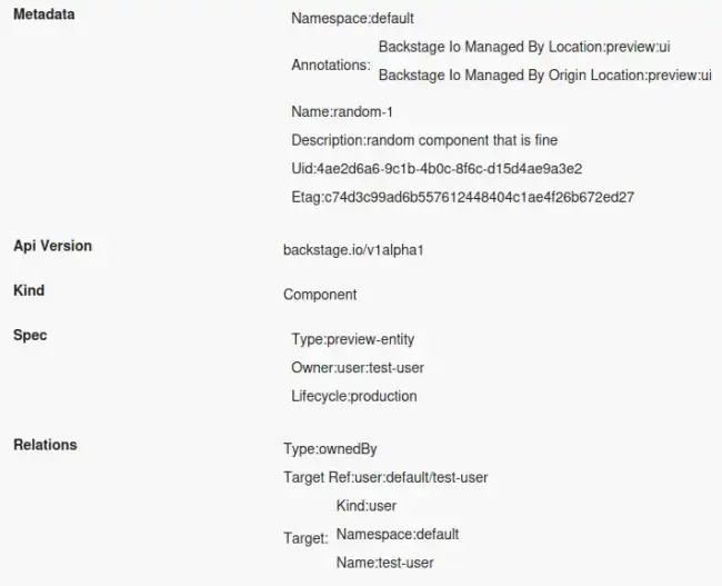 A test entity view displaying information