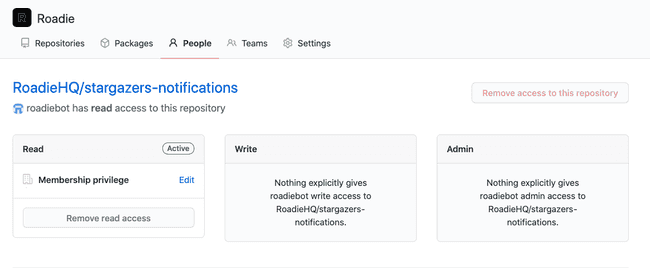 GitHub screen showing that the roadiebot user has read access to only one repository
