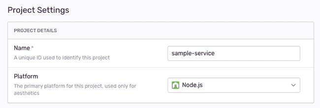 settings page for a project on Sentry with inputs for name and platform