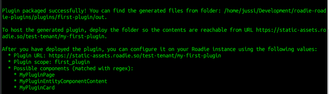 Image of a terminal displaying Roadie CLI command output
