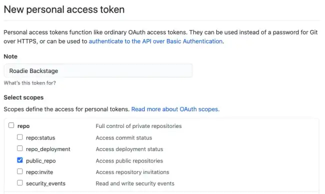 GitHub screen with the public_repo scope checkbox checked and all other checkboxes unchecked